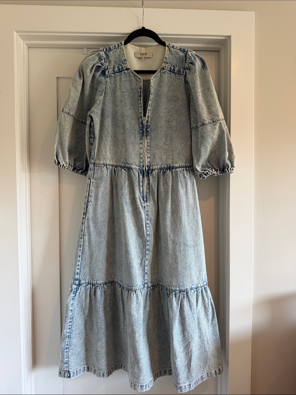 Sea New York Light Blue Denim Tiered Dress with Puff Sleeves